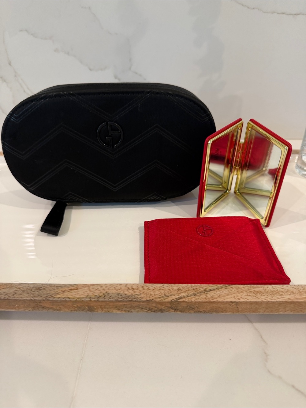 Giorgio Armani Black Pouch with Red Velvet Cloth and Gold-Trim Compact Mirror